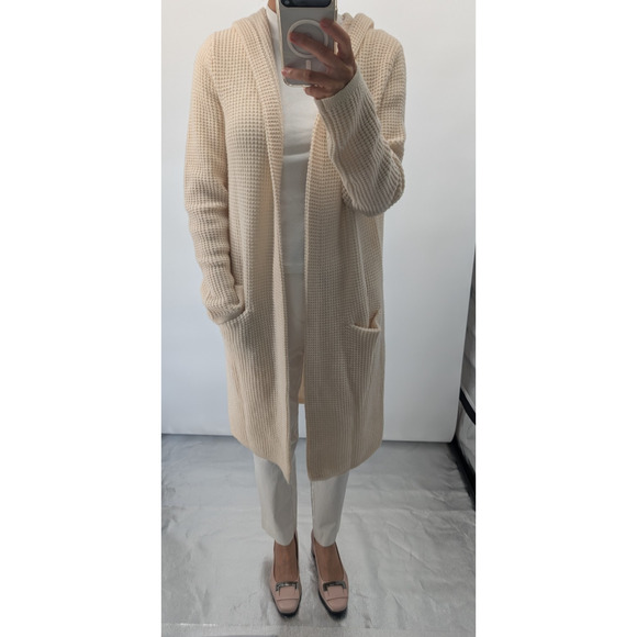 Jenni Kayne Wool/Cashmere Hooded Waffle Knit Long Cardigan Sz XS Oatmeal #1K501 - Picture 3 of 15